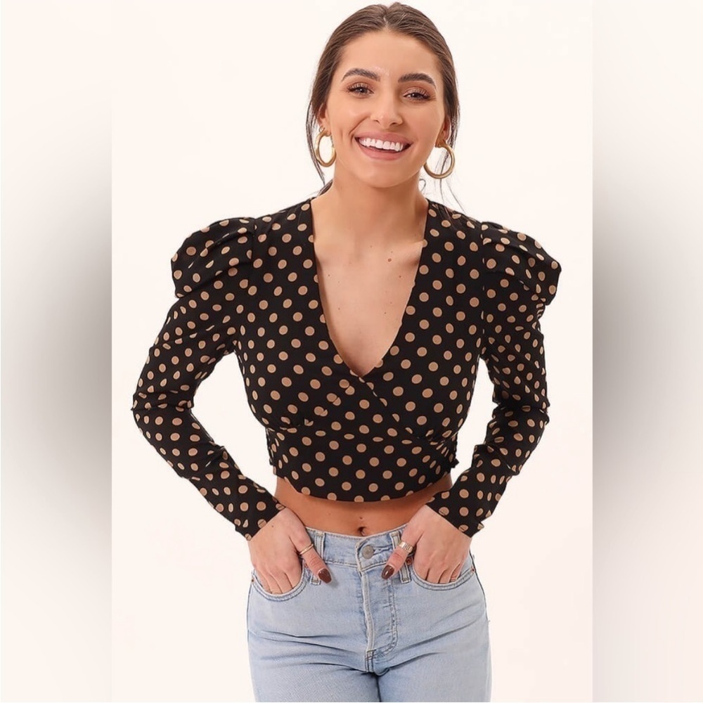 MINKPINK Puff Sleeve Crop Polk a Dot Long Sleeve Top In Black And Tan Size S